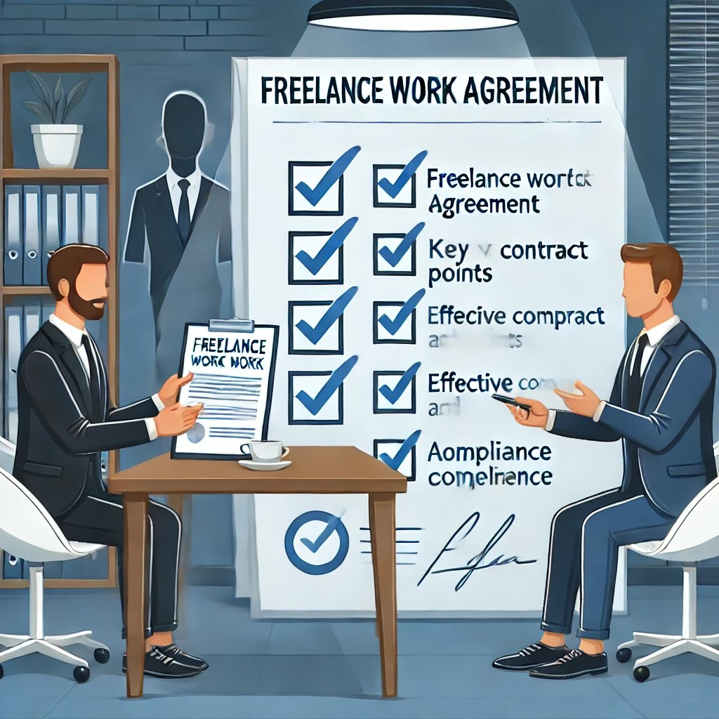 DALL·E 2024-10-21 17.07.09 - An illustration of a businessperson explaining a contract labeled 'Freelance Work Agreement' to another person, with a checklist showing key contract .jpeg