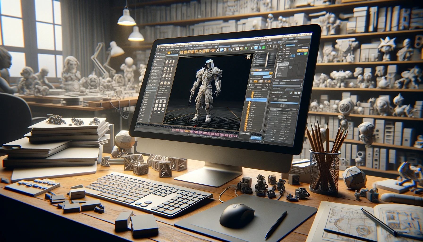 DALL·E 2024-02-25 12.39.47 - Create a 3D computer graphics image depicting the process of modeling in a 3D CG software. The scene should show a computer screen with a 3D modeling のコピー.jpg