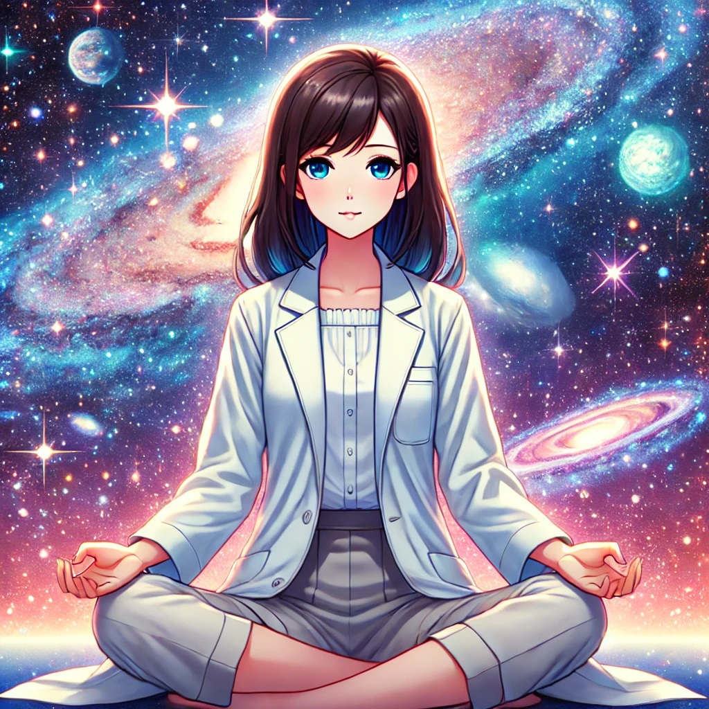 DALL·E 2025-01-07 10.13.43 - An anime-style illustration of a serene young woman meditating and connecting with the universe. She is seated in a cross-legged pose, wearing a clean.jpg