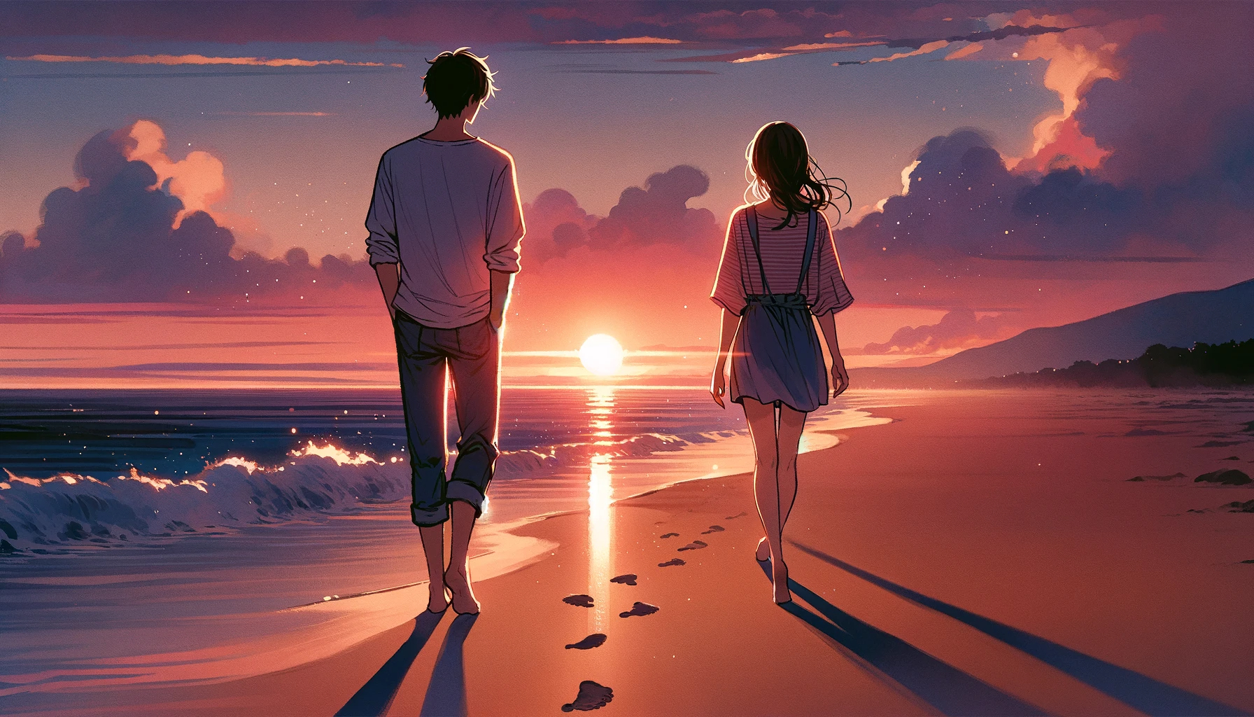 DALL·E 2023-11-06 14.19.10 - Create a romantic, wide illustration in the style of the right image, depicting a couple from behind as they walk along the beach at dusk. The scene s.png