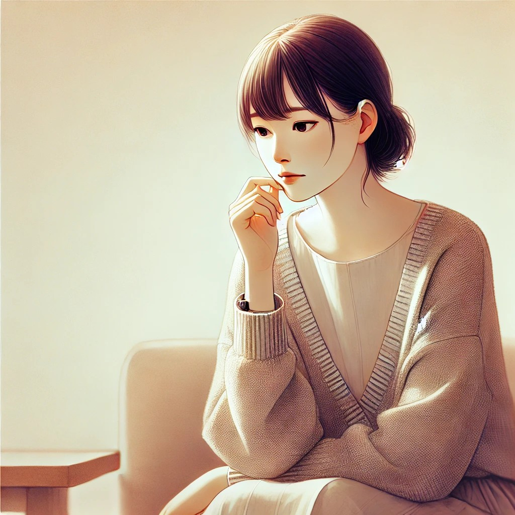 DALL·E 2025-11-28 20.05.54 - A realistic and emotionally expressive illustration of a thoughtful woman sitting alone, looking slightly down with a subtle, contemplative expression.jpg
