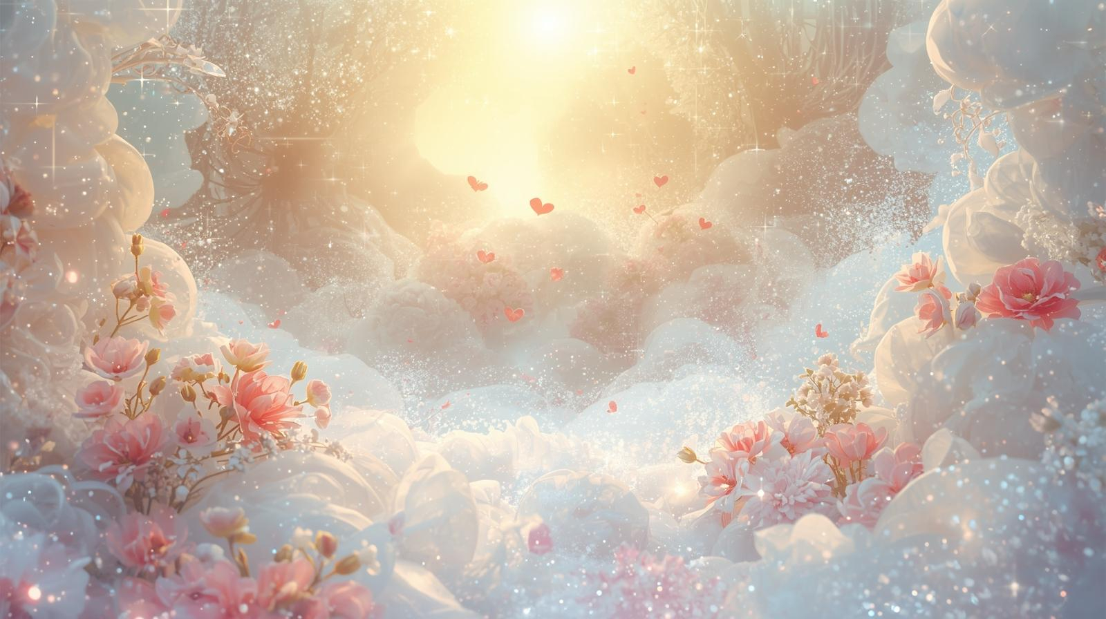 魂、愛の導き、恋愛、キラキラ、リーディング、タロット占い、波動ヒーリング、神秘的、幻想的、スピリチュアル、透明感のある明るくて美しくて優しい風景、白とゴールドび、ピンク、花、.JPEG