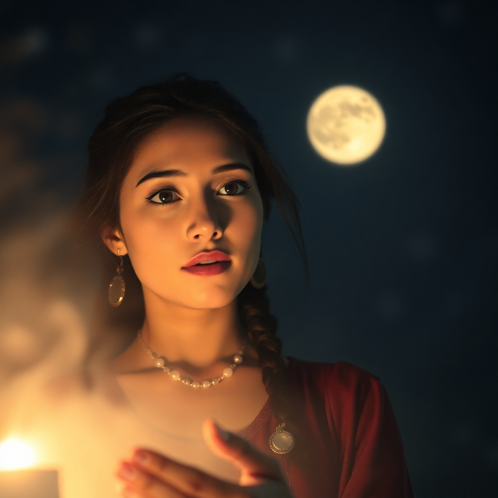 A long-exposure photograph depicting a grand, epic scene of a beautiful young woman with warm skin and gentle features telling fortunes under the moon; soft cinematic haze with epic lens glow lighting creates a dreamy ambiance, soft focus e.jpg