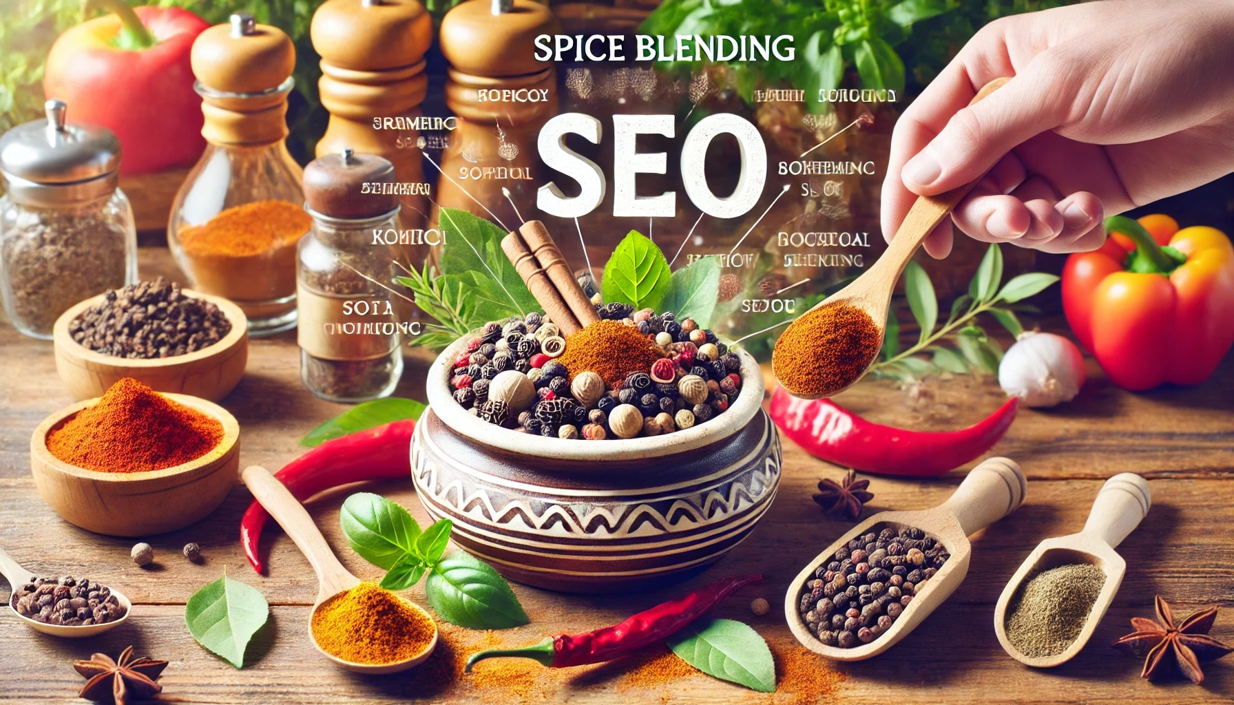 DALL·E 2024-06-25 22.33.16 - A high-quality image of various spices being mixed together in a kitchen, representing the concept of 'Spice Blending SEO.'.jpeg