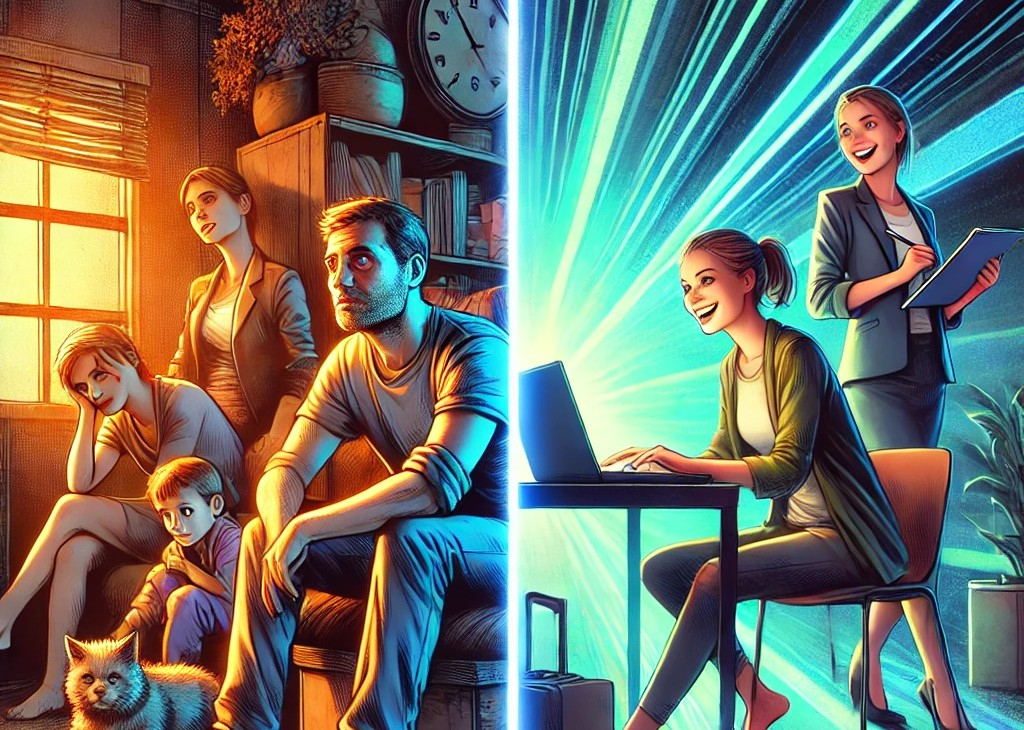 DALL·E 2025-05-05 20.46.29 - A split-scene illustration showing a striking contrast between two groups. On the left, a family sits together in a dim, cluttered living room, their .jpg