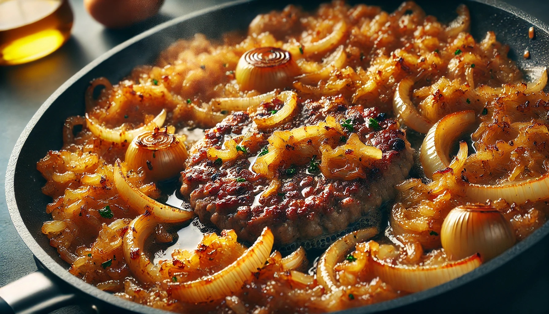 DALL·E 2024-06-26 18.29.05 - A high-quality image showing finely chopped onions being caramelized in a pan, highlighting the golden brown color and rich texture for making a flavo.jpeg