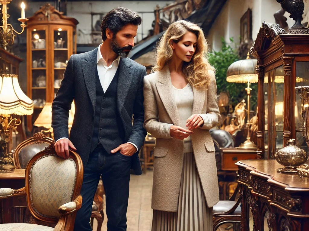 DALL·E 2025-05-01 22.37.37 - A refined and elegant 40-something couple browsing antique furniture inside a charming antique shop. The couple, dressed stylishly and gracefully, exa.jpg