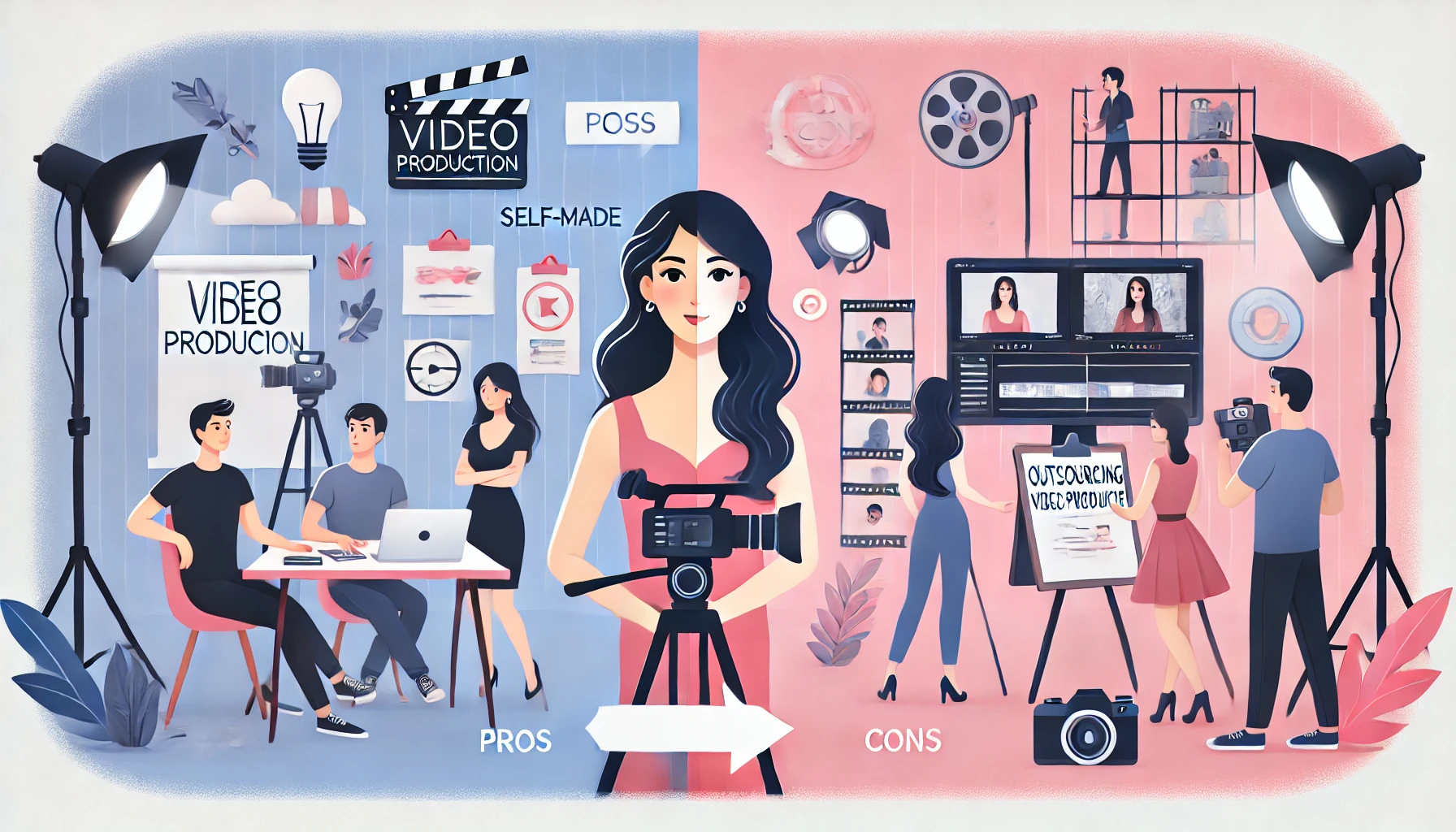 DALL·E 2024-10-11 16.18.28 - A feminine-styled illustration showing a split scene comparing two approaches to video production in a 16_9 aspect ratio_ on one side, a woman at a de.png