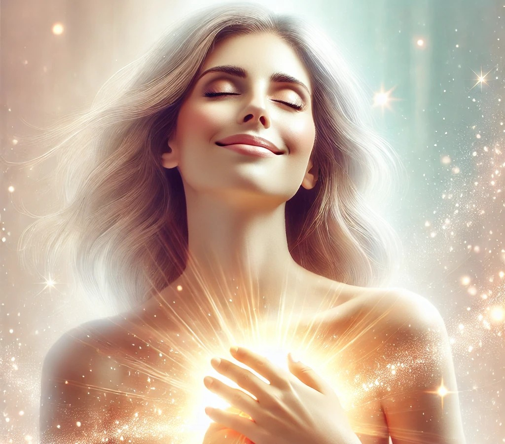 DALL·E 2025-07-30 13.29.11 - A bright and uplifting image of a woman experiencing a moment of inner peace and emotional healing. A soft, glowing, sparkling energy is gently enteri.jpg