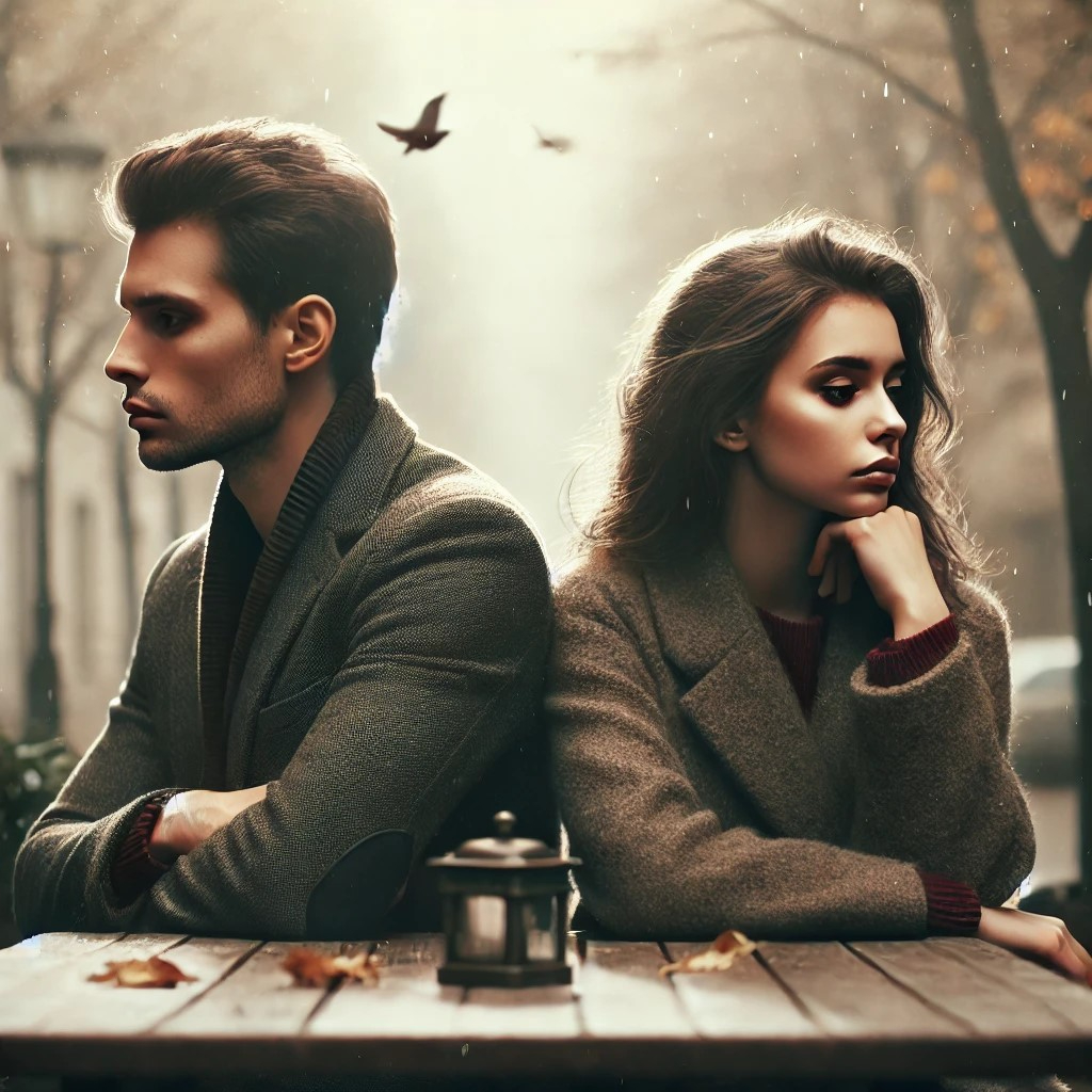 DALL·E 2025-07-22 18.41.18 - A bittersweet and emotional scene of a couple whose feelings have begun to drift apart. They sit side by side on a park bench or at a café table, faci.jpg