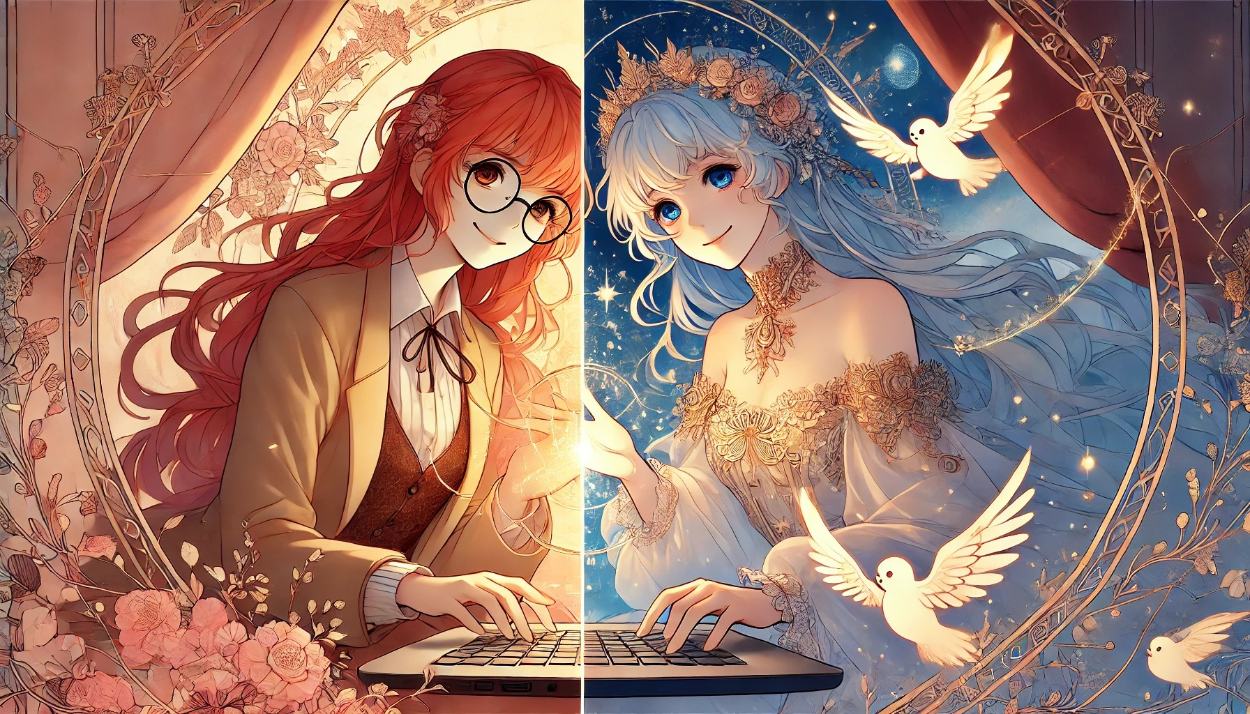 DALL·E 2025-02-01 11.04.06 - A split-view illustration of two women, one on the left with warm pastel tones and one on the right with soft celestial hues, interacting through a la.jpg