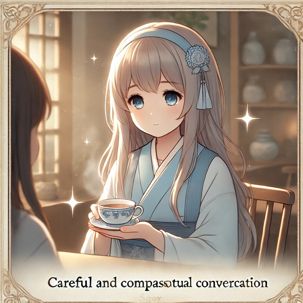 DALL·E 2025-04-06 13.45.01 - A gentle and thoughtful anime-style illustration of a cute young woman with long hair in a light blue outfit, sitting in a quiet café or cozy room. Sh.jpg
