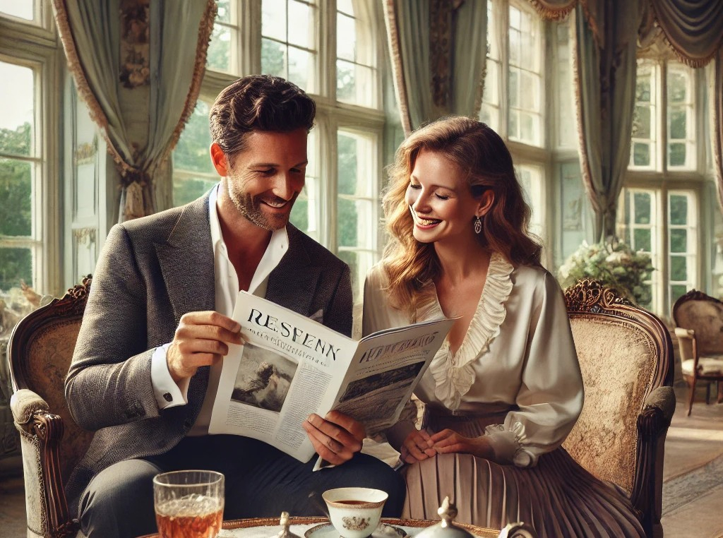 DALL·E 2025-05-04 22.19.50 - Inside a grand European-style castle's elegant tea room, a refined and stylish couple in their 40s sits together at a beautifully set table with fine .jpg