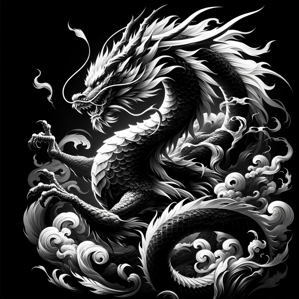 DALL·E 2023-11-18 20.32.52 - Convert the cool dragon (image ID_ NABTtZhl9v6Df3l5) into a black and white version. The image should be entirely in grayscale, with varying shades of.png