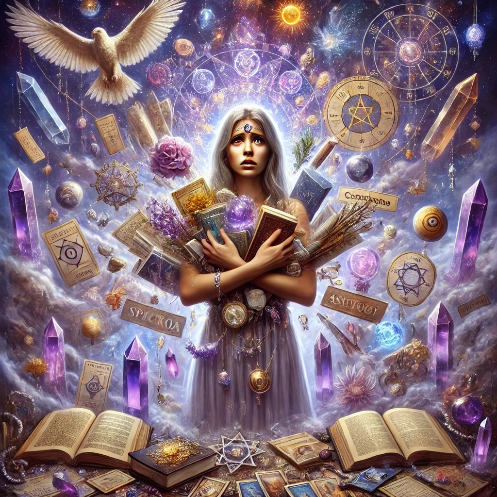 DALL·E 2025-07-30 19.54.22 - A symbolic and surreal image of a woman who is a 'spiritual gypsy'—overwhelmed and confused by too many spiritual paths and teachings. She stands in t.jpg