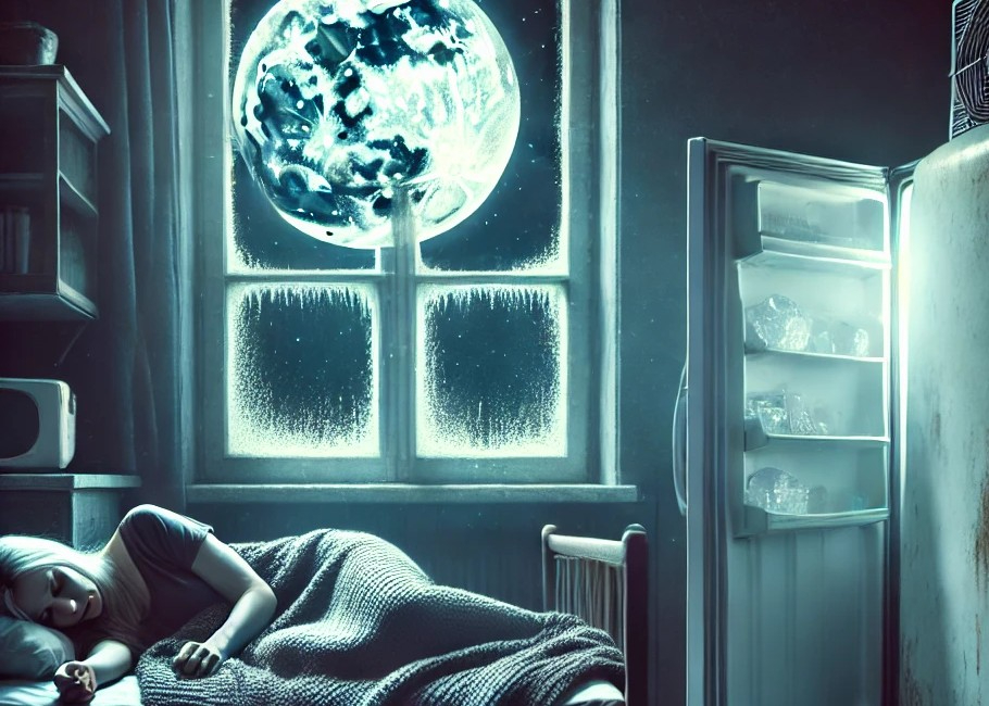 DALL·E 2025-05-16 22.37.55 - A symbolic and slightly eerie scene of a woman lying in bed, feeling unwell due to the effects of a full moon. She appears weak and exhausted, resting.jpg