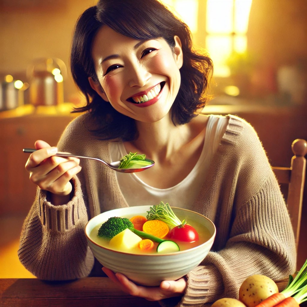 DALL·E 2025-09-10 13.56.02 - A photorealistic and cheerful image of a Japanese woman in her 40s happily enjoying a bowl of vegetable soup. She is sitting at a kitchen or dining ta.jpg