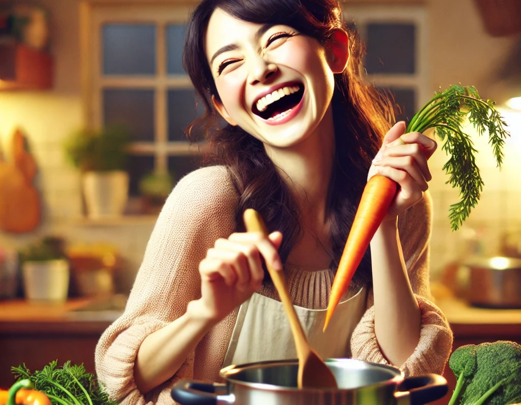 DALL·E 2025-05-12 05.59.15 - A cheerful Japanese housewife in her 30s is happily preparing vegetable soup in her kitchen. She is humming a tune with a joyful expression while brea.jpg