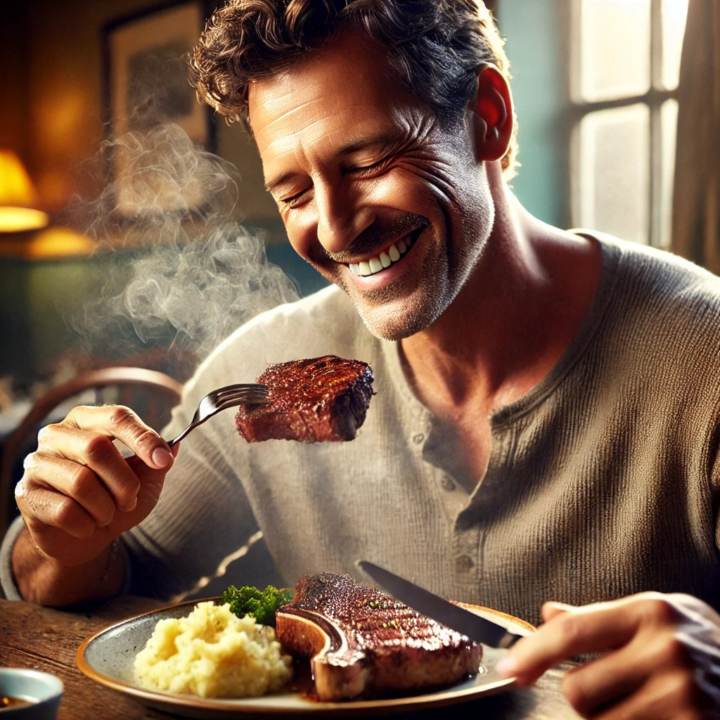 DALL·E 2025-07-12 10.35.41 - A satisfied man enjoying a thick, juicy steak. He is in his 40s or 50s, wearing casual but neat clothes, seated at a wooden dining table in a cozy res.jpg