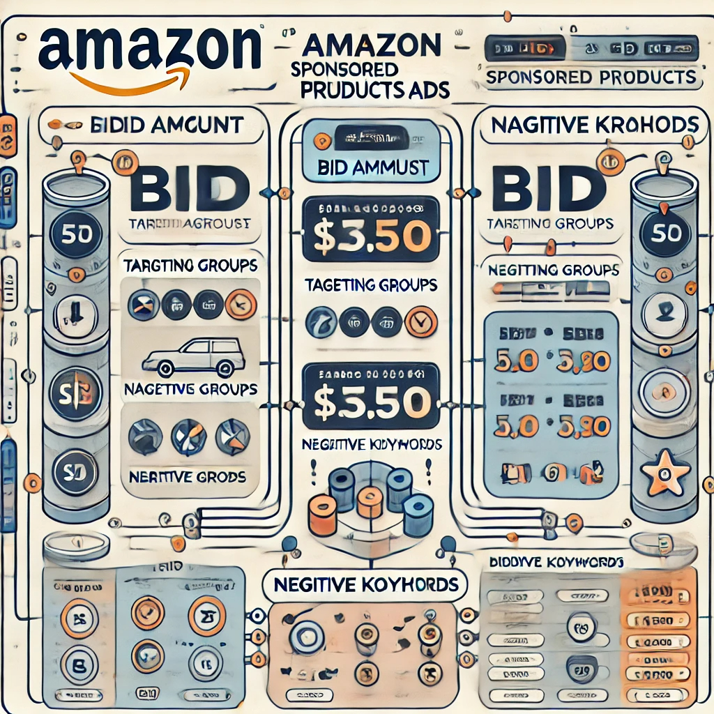 DALL·E 2024-07-03 11.26.12 - A detailed visual guide showing the settings of Amazon Sponsored Products ads. The image should include sections for bid amount, targeting groups, neg.png