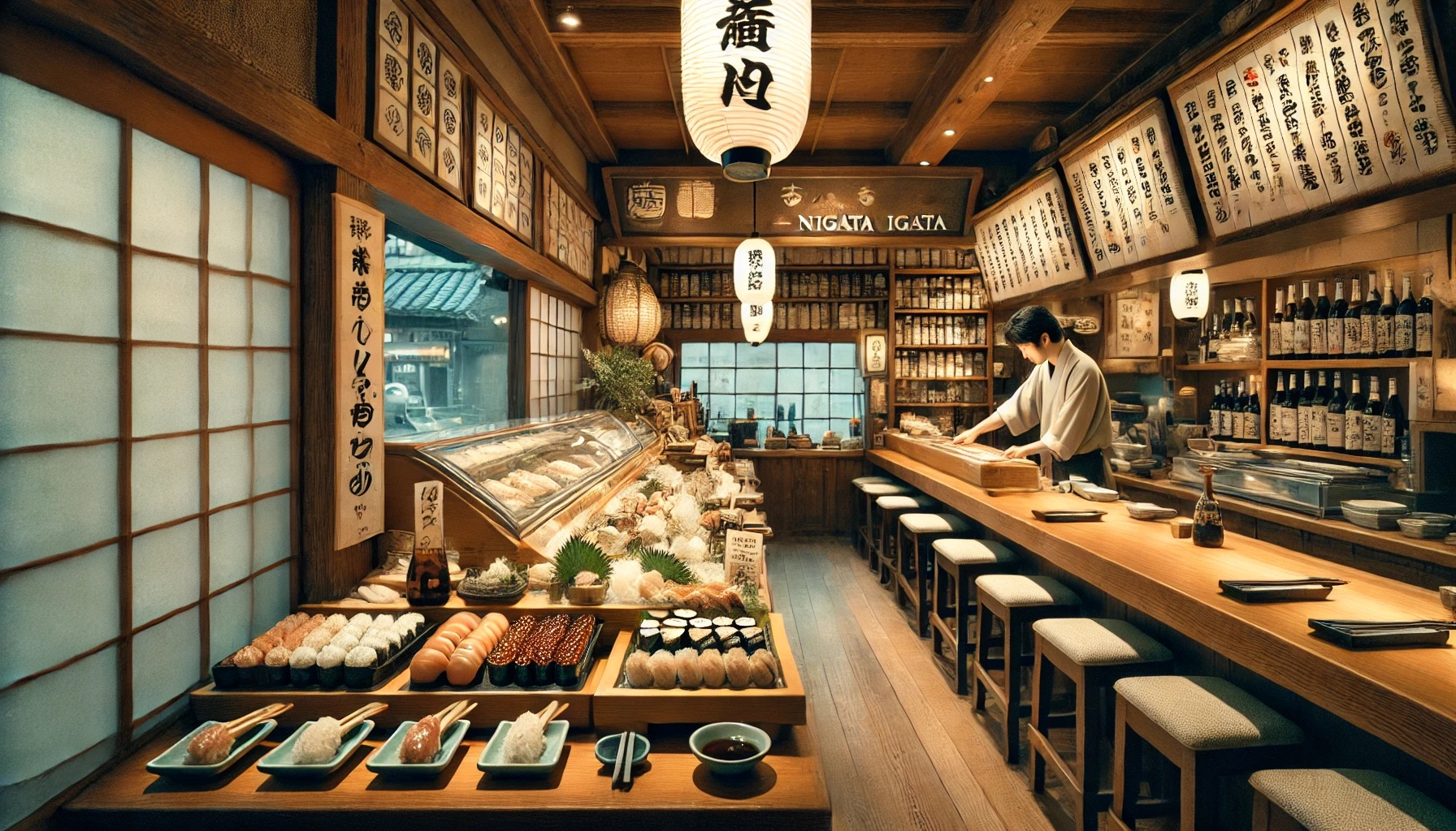 DALL·E 2024-06-26 00.00.17 - A high-quality image of a sushi restaurant named '寿司割烹 銀次郎' in Niigata, showcasing a traditional Japanese interior, a sushi counter with fresh ingredi.jpeg