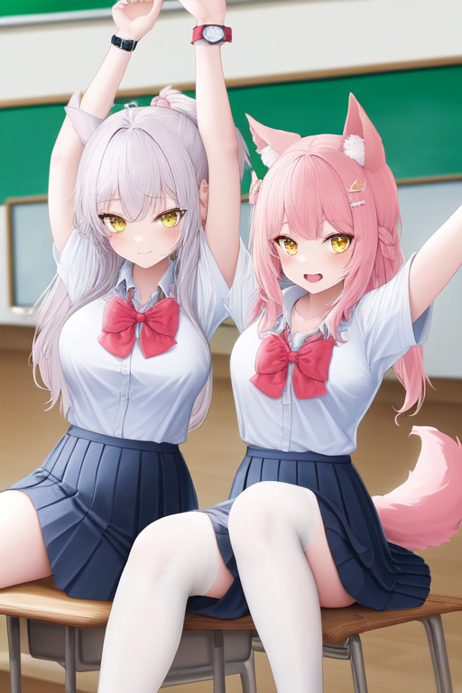 1024112975_2girls, stretching, pink hair, yellow eyes, , hair bow, hair bow, dog ears, (school uniform)+++, watch, scarf, suspenders, indoors_0.png
