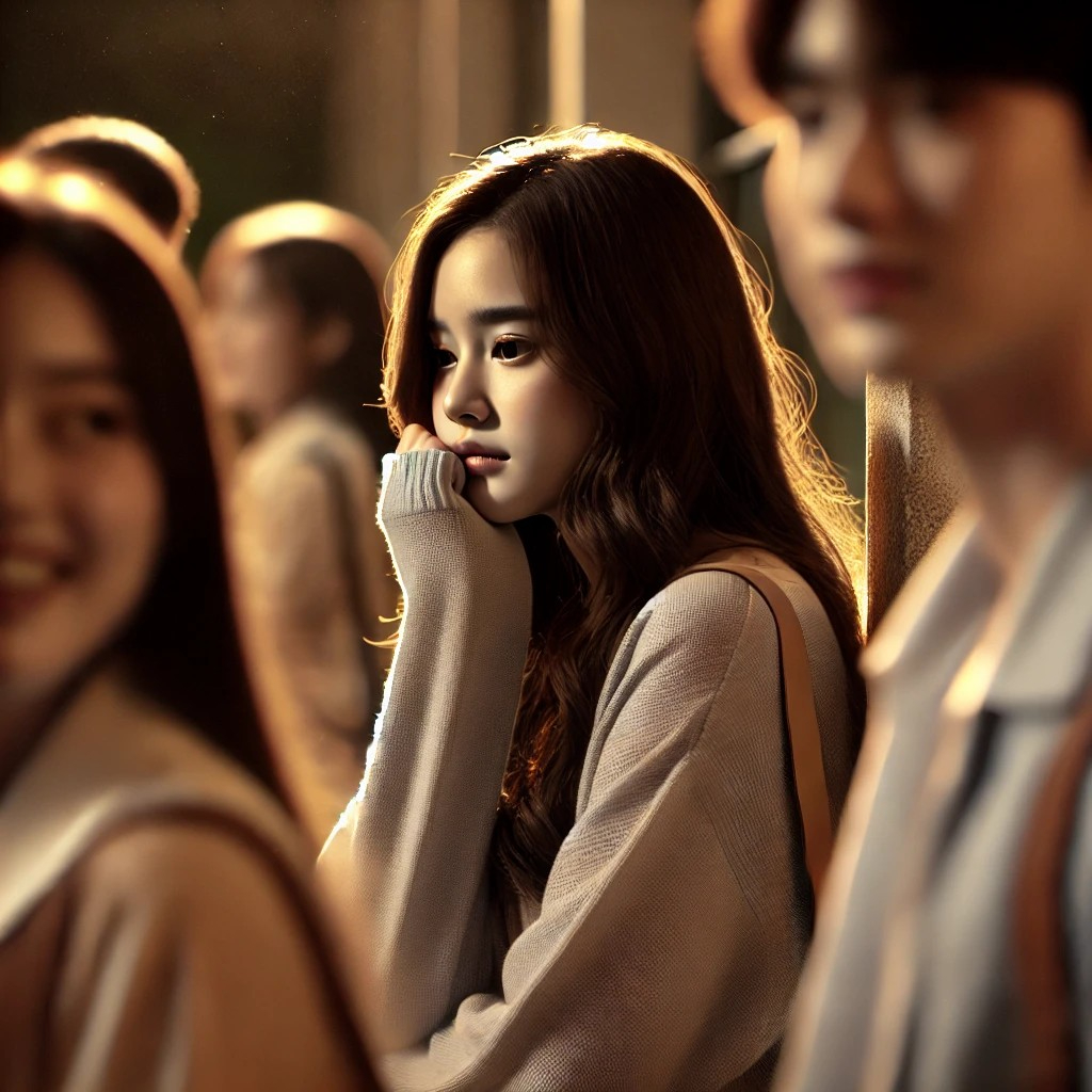 DALL·E 2025-07-10 17.25.27 - A bittersweet and emotional scene showing a young woman watching her crush from a distance. The woman stands in the background, partially hidden, with.jpg