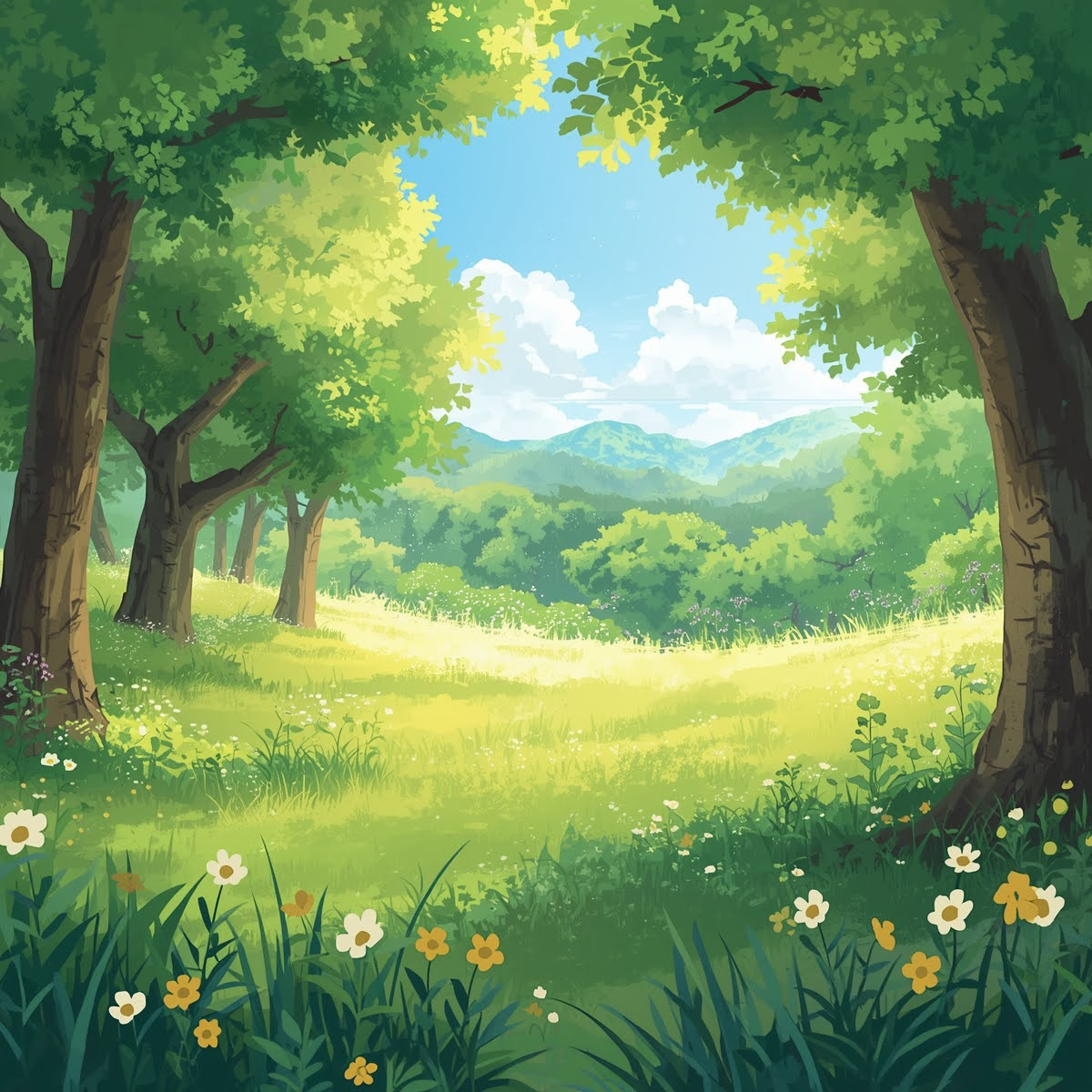 二十四節気の立夏をテーマにした季節の風景イラスト。初夏の明るい光が差し込む自然の景色。新緑の木々、青々とした草原、爽やかな青空、柔らかな太陽の光、初夏_20260503_184504_0000.png