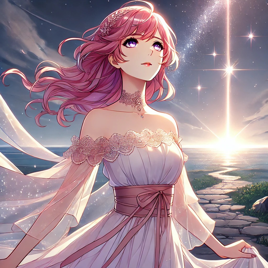 DALL·E 2025-02-05 23.04.00 - A sophisticated anime-style illustration of a young woman with elegant pink hair standing on a rocky path, looking up at a bright, mystical light in t.jpg