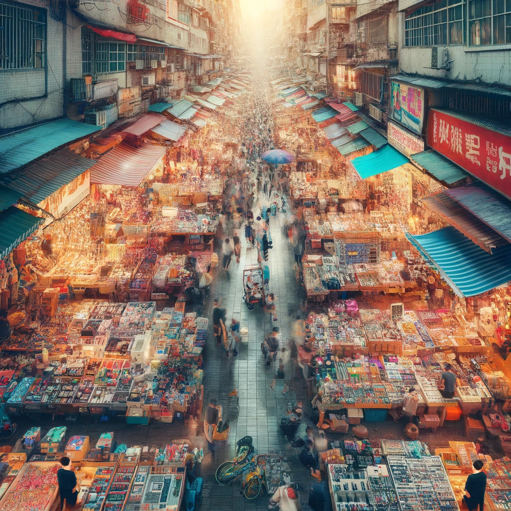 DALL·E 2024-05-07 11.46.51 - A bustling market scene in Shenzhen, China, showcasing a variety of goods ranging from electronics to clothing. The market is crowded with vendors and.png