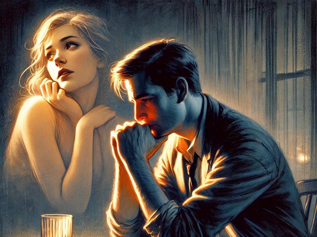 DALL·E 2025-04-14 22.46.57 - A melancholic illustration of a man who is deeply troubled by a love he cannot forget. He sits alone in a dimly lit room at night, leaning forward wit.jpg