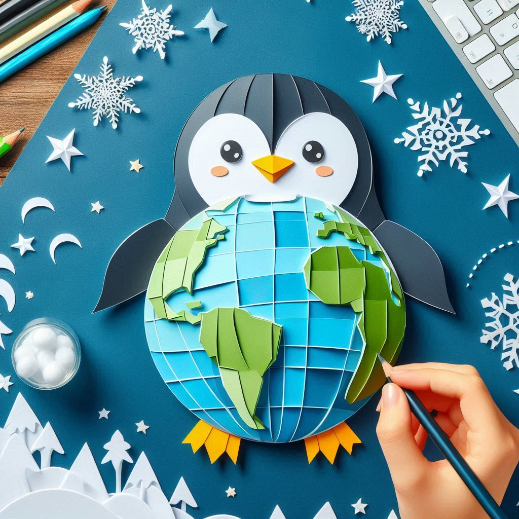 世界ペンギンのイラストをペーパークラフト調で描いて.png