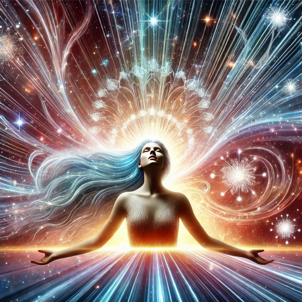 DALL·E 2025-07-17 20.00.55 - A powerful and symbolic image of a woman experiencing a sudden expansion of her subconscious mind. She stands in the center of the image with a radian.jpg