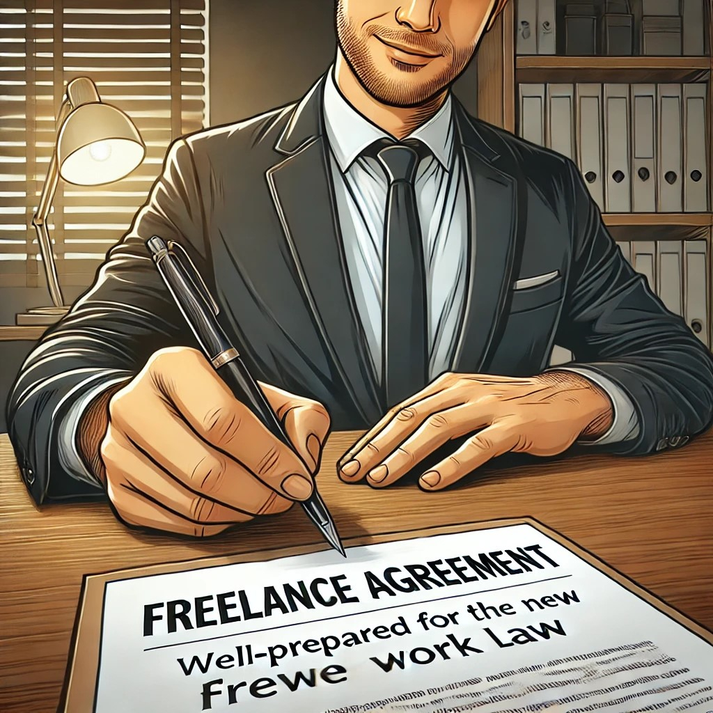 DALL·E 2024-10-21 08.05.25 - An illustration showing a businessperson confidently signing a well-prepared contract labeled 'Freelance Work Agreement' with a pen, symbolizing readi.jpeg