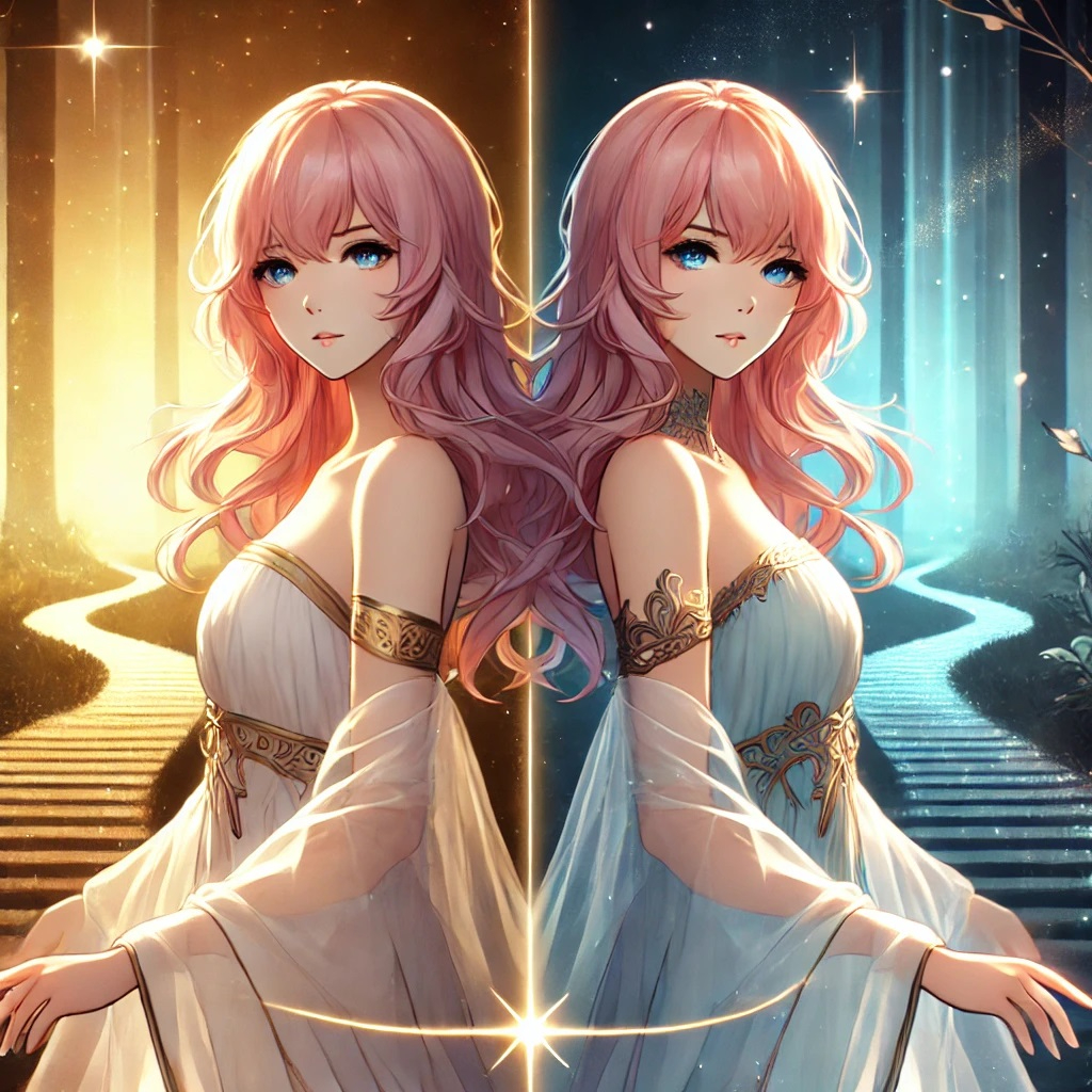 DALL·E 2025-02-07 01.58.06 - A sophisticated anime-style illustration of a young woman with elegant pink hair standing at a crossroads, symbolizing a life transition. She wears a .jpg