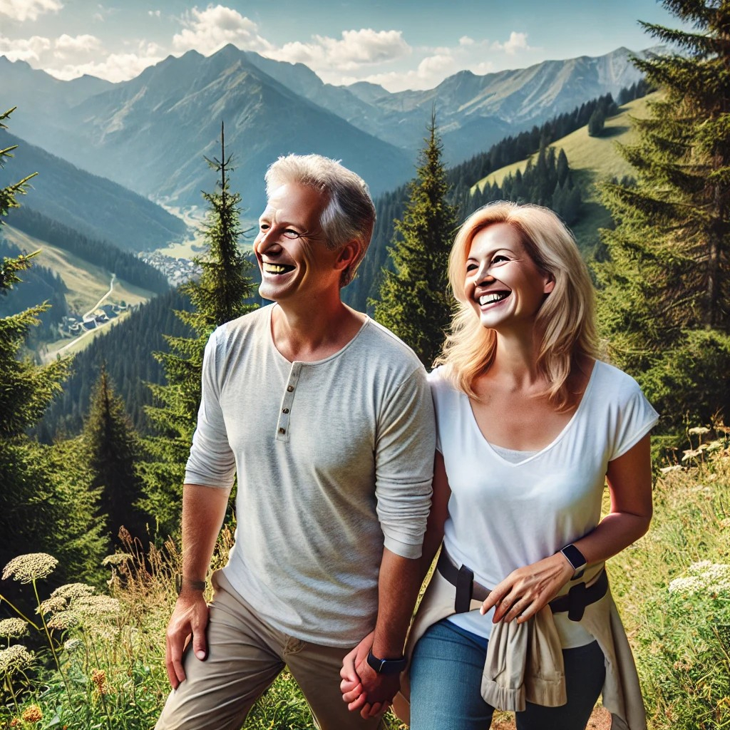 DALL·E 2025-07-17 19.54.11 - A joyful and refreshing scene of a middle-aged couple enjoying nature on a mountain. They are standing or walking together along a scenic trail, surro.jpg