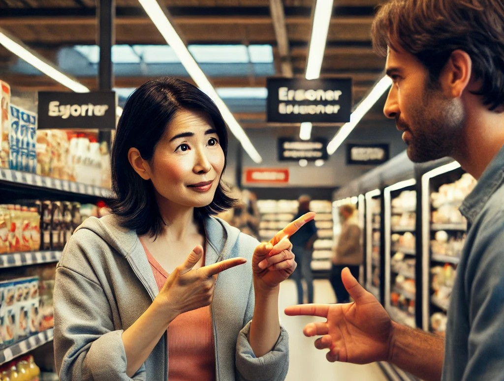 DALL·E 2025-05-06 02.28.04 - A realistic and emotional scene inside a modern Dutch supermarket. A 40-something Japanese woman, looking slightly nervous but determined, tries to co.jpg