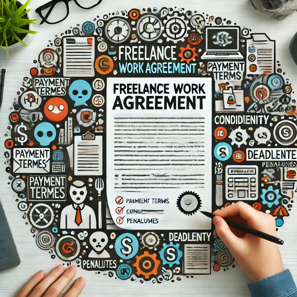 DALL·E 2024-10-21 19.41.23 - A creative illustration showing a 'Freelance Work Agreement' contract surrounded by icons for key contract points like payment terms, confidentiality,.jpeg