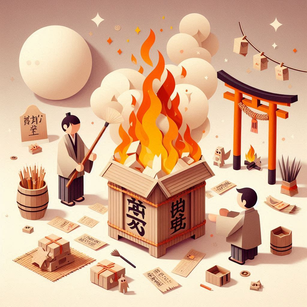 門松や書き初めを持ち寄り、焚き火で焼くイラスト ペーパークラフト調.png