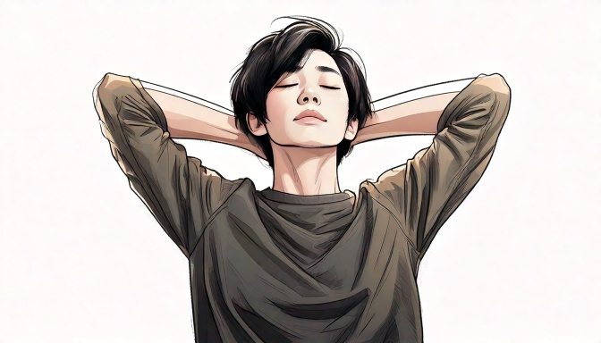 Firefly A cozy illustration of short haired Japanese androgynous person wearing casually, stretching.jpg
