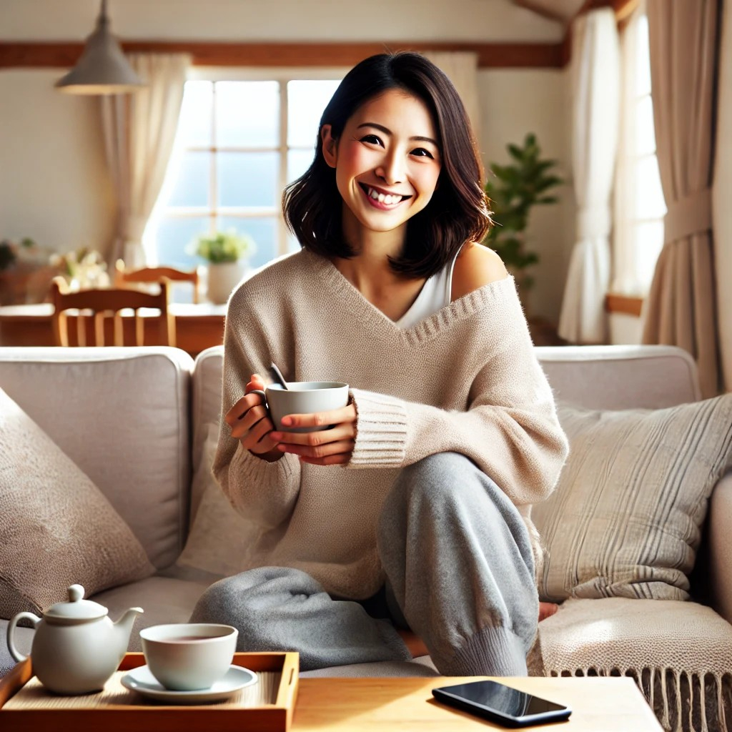 DALL·E 2025-10-31 14.34.48 - A relaxed and happy Japanese woman in her 30s sitting comfortably on a sofa in a peaceful living room. She is smiling gently, holding a cup of tea wit.jpg