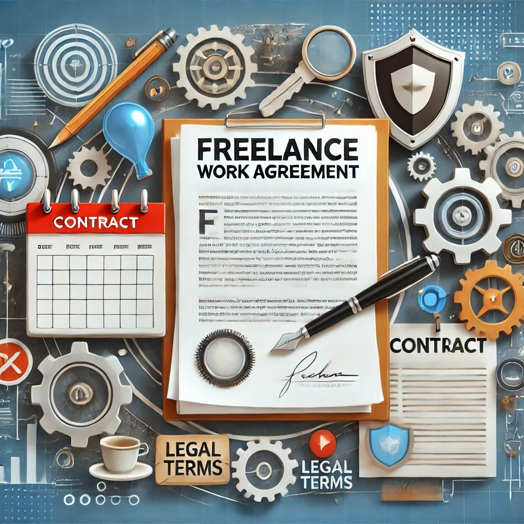 DALL·E 2024-10-21 18.20.57 - A creative illustration showing a contract labeled 'Freelance Work Agreement' surrounded by key elements like a calendar, a pen, and a shield symbol, .jpeg