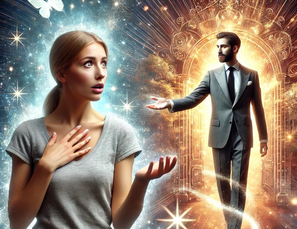 DALL·E 2025-07-01 14.18.36 - A surprised and confused woman stands in front of a magical vision that has suddenly appeared before her. She is an ordinary woman in casual clothes, .jpg