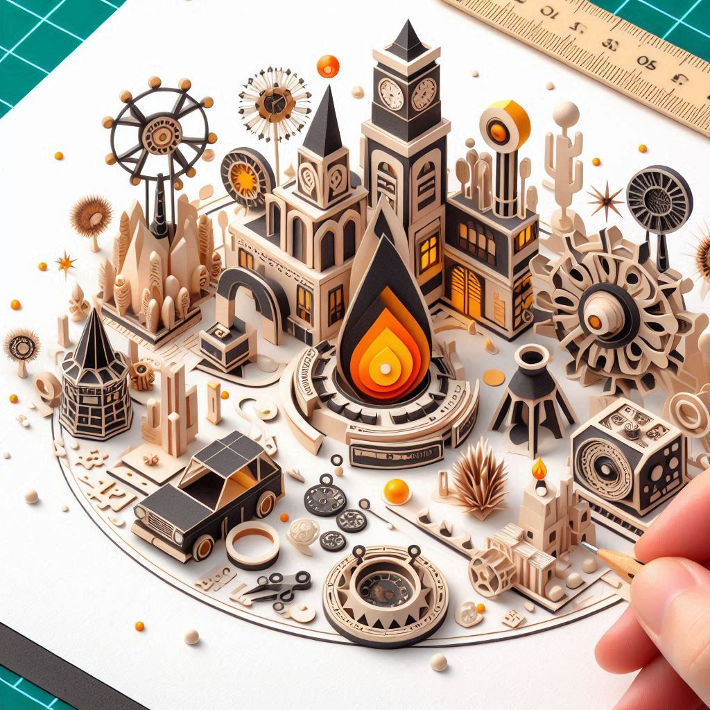 Create an illustration in a papercraft style to celebrate Mini Day. The illustration should feature small, intricate elements that represent miniatures, without including any text..png