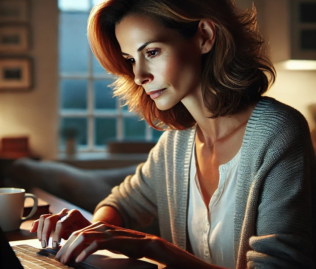 DALL·E 2025-04-17 02.01.54 - A sincere and emotional scene of a woman in her 40s or 50s seriously writing an email on her laptop. She is sitting alone at a desk in a quiet room wi.jpg