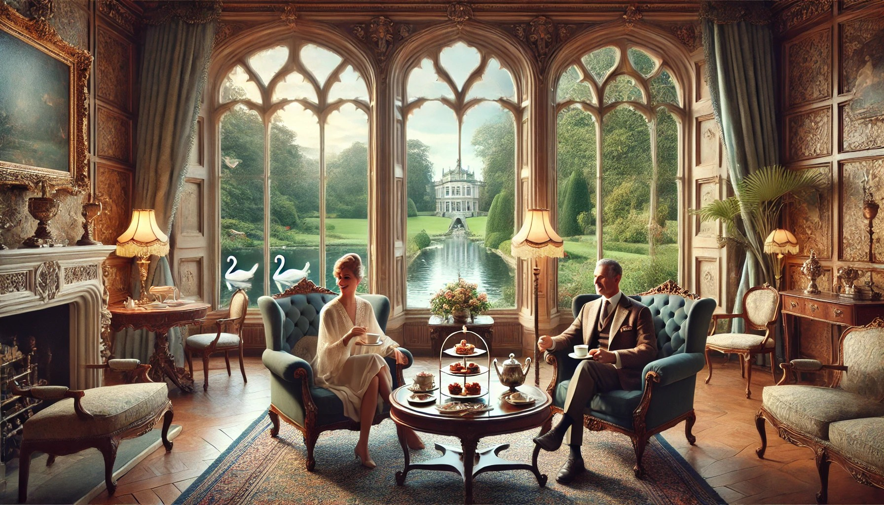DALL·E 2025-04-19 07.19.21 - Inside a grand European castle, a cozy and elegant sitting room with tall arched windows overlooking a lush garden. Outside, a serene pond with swans .jpg