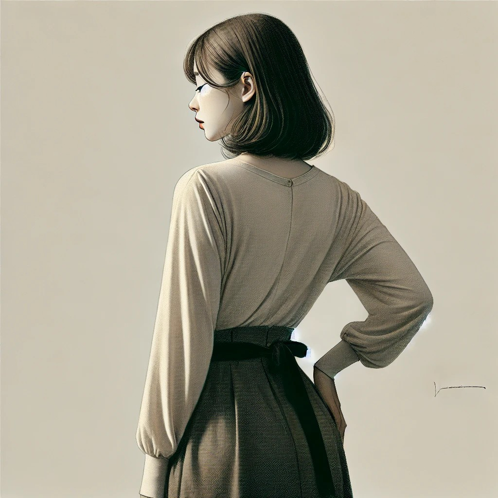 DALL·E 2025-12-06 13.47.16 - A realistic and expressive illustration of a woman turning her back slightly toward someone she feels uneasy or intimidated by. Her posture is calm bu.jpg