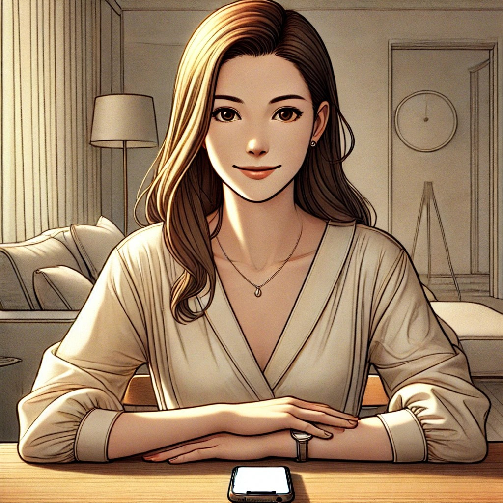 DALL·E 2026-01-06 11.24.36 - Continue the same composition and setting as before_ a woman sitting at a table in a minimal living room, smartphone resting face-down on the table. T.jpg