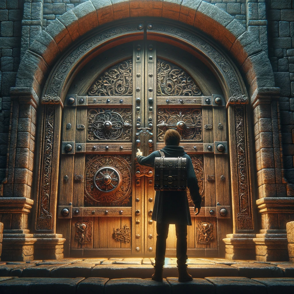 DALL·E 2024-03-14 12.40.58 - A person standing in front of an ornate, ancient wooden door, their hand reaching out to push it open. The door is set within a thick stone wall, sugg.png