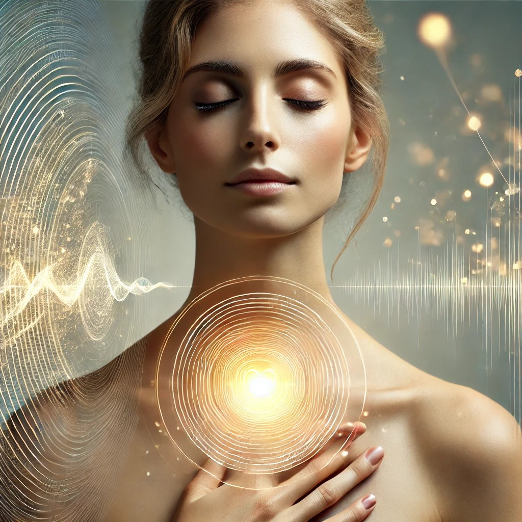 DALL·E 2025-11-04 14.12.53 - A scientifically elegant and serene image of a woman with her eyes closed, taking a deep breath. From the center of her chest, a soft golden light rad.jpg
